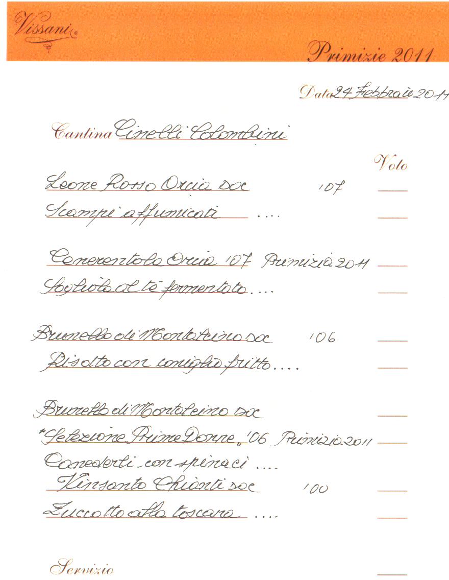 Ristorante Vissani, Lista delle pietanze in abbinamento ai vini Donatella Cinelli Colombini