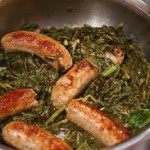 sausages and turnip greens