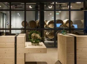Winey hotel lobby with barrels