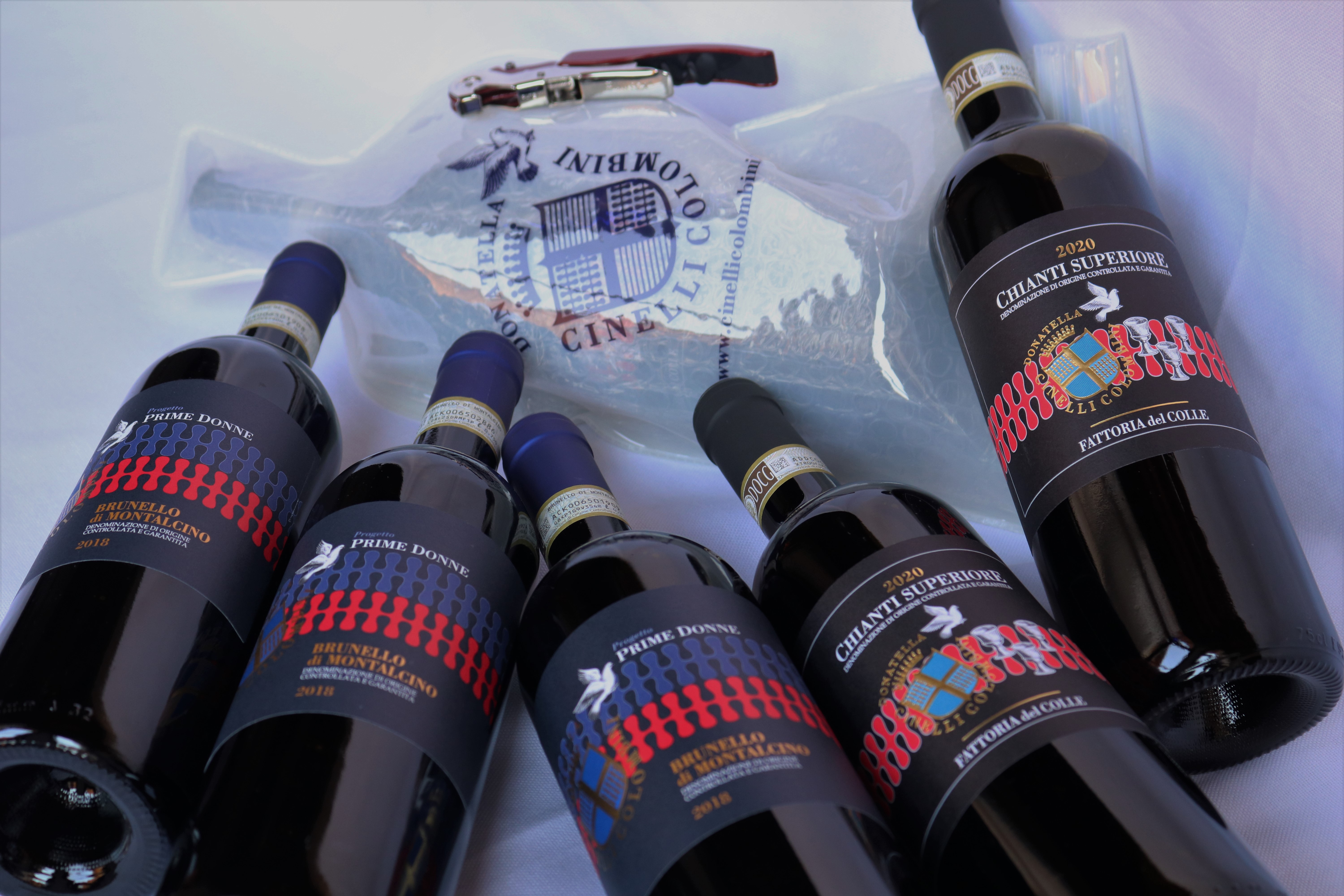 Offerta agosto: 3 Chianti superiore 2020, 3 Brunello di Montalcino progetto Prime Donne, una wine skin e un cavatappi personalizzato