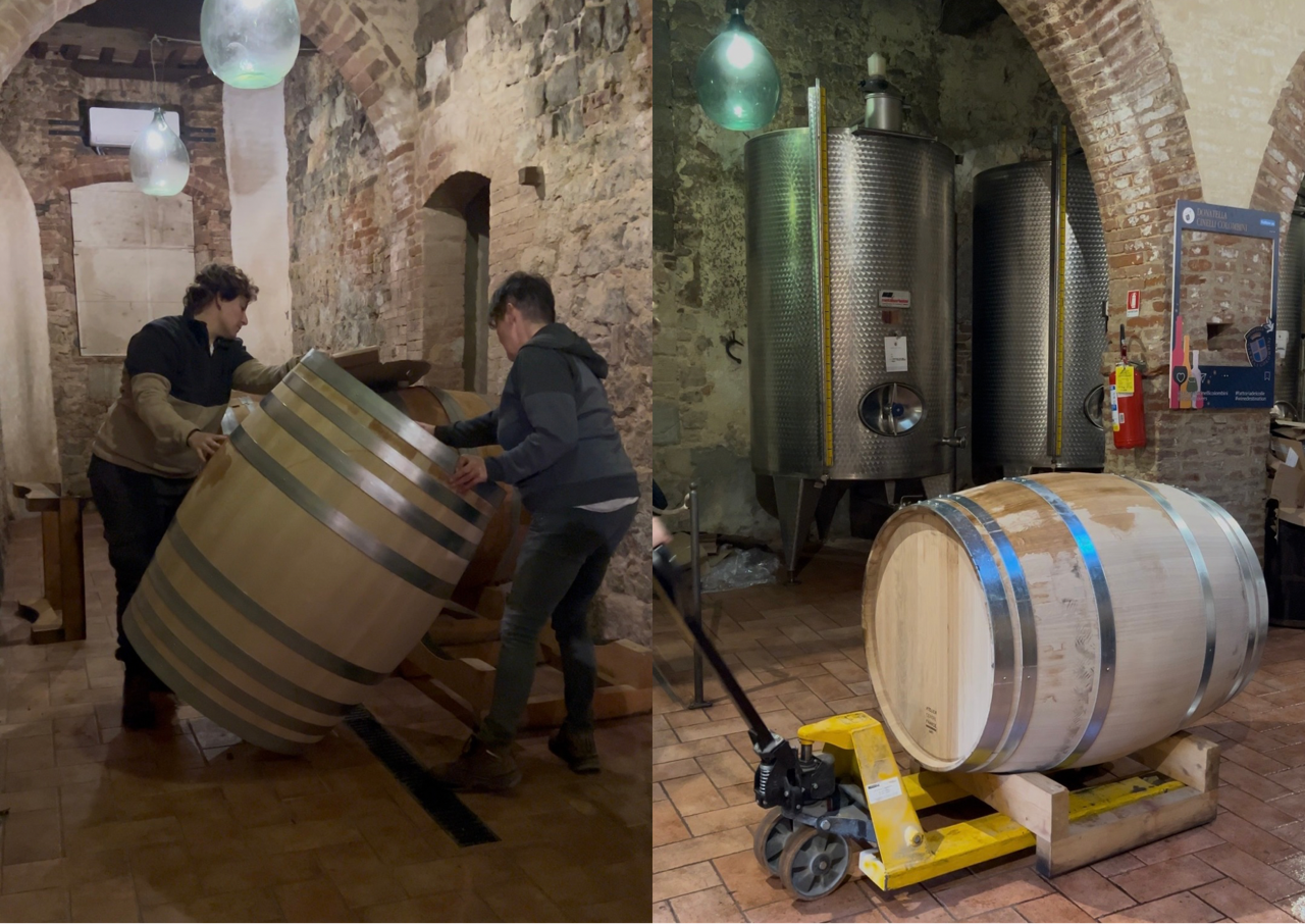 Botti nuove arrivo in cantina Toscana Orcia Doc Fattoria del Colle
