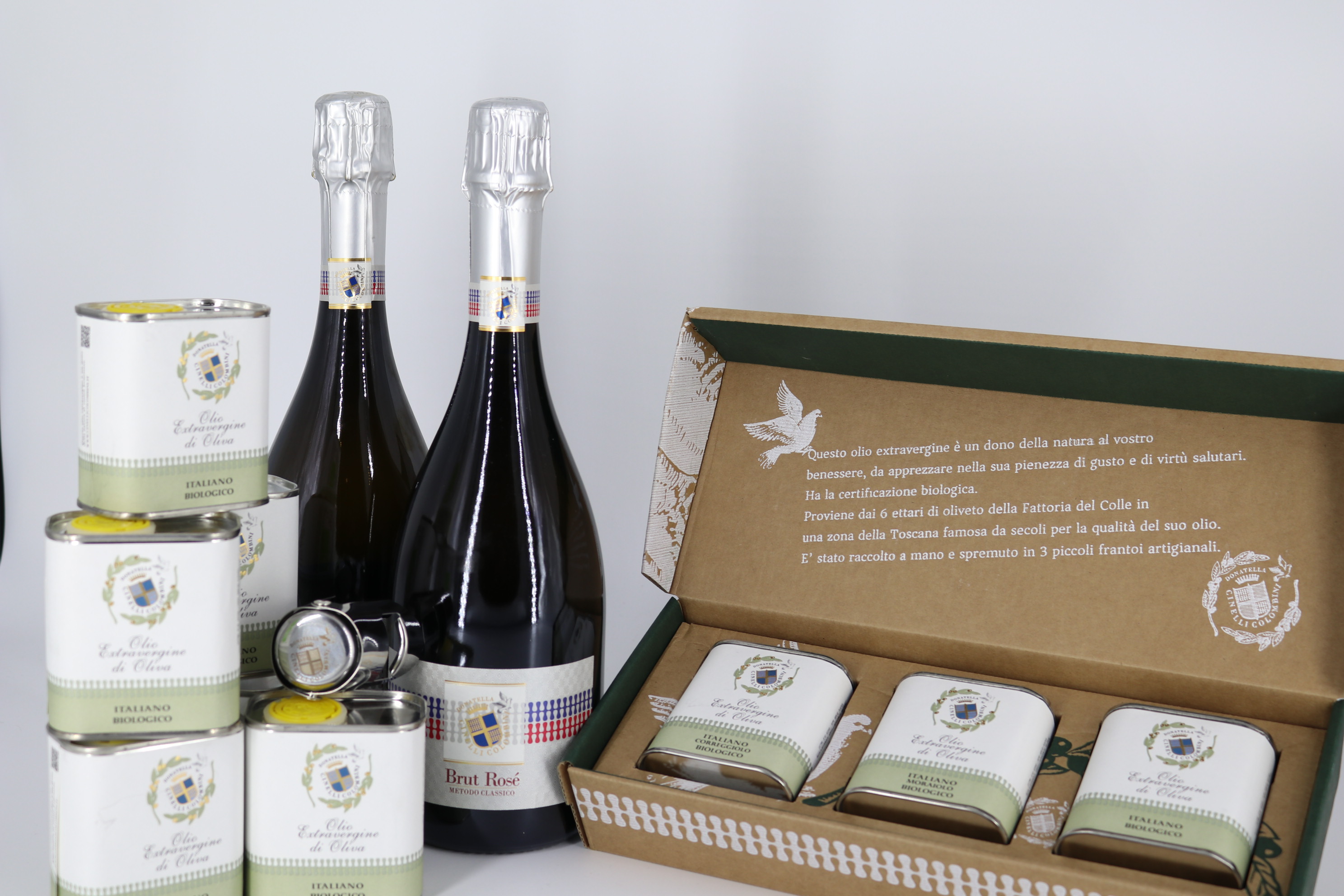 box degustazione Olio extravergine d'oliva lattine da 100ml e spumante Brut Rosé Metodo Classico 2020 Donatella Cinelli Colombini Toscana