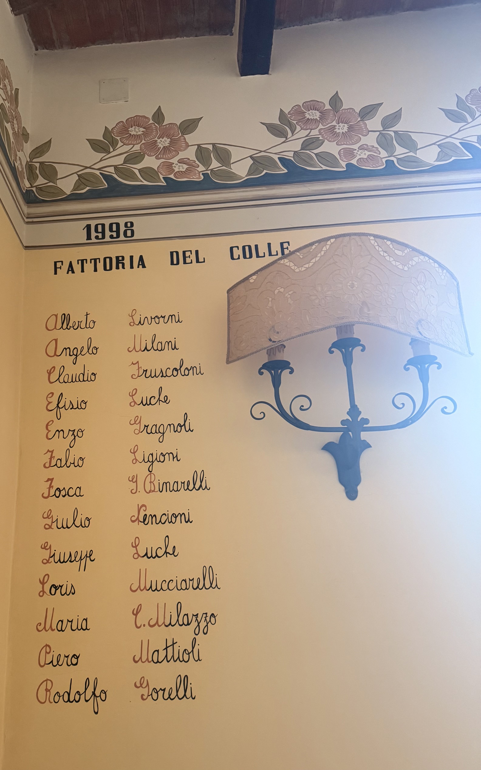 liste dei nomi sui muri della fattoria del colle in Toscana